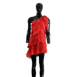 Red Tiered Ruffle Mini Dress One-Shoulder Party Look